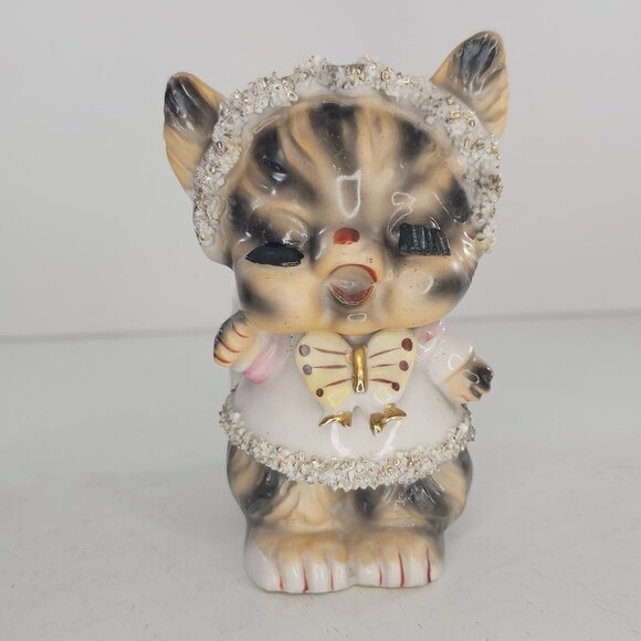 Vintage 1950s Anthropomorphic Striped Kitty Cat Planter Lashes Spaghetti Trim - Picture 2 of 10